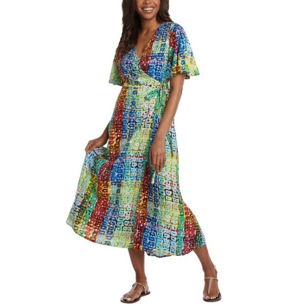 Jam's World Adele Wrap Dress Tropical Rayon Hawaiian Colorful Midi Maxi Large